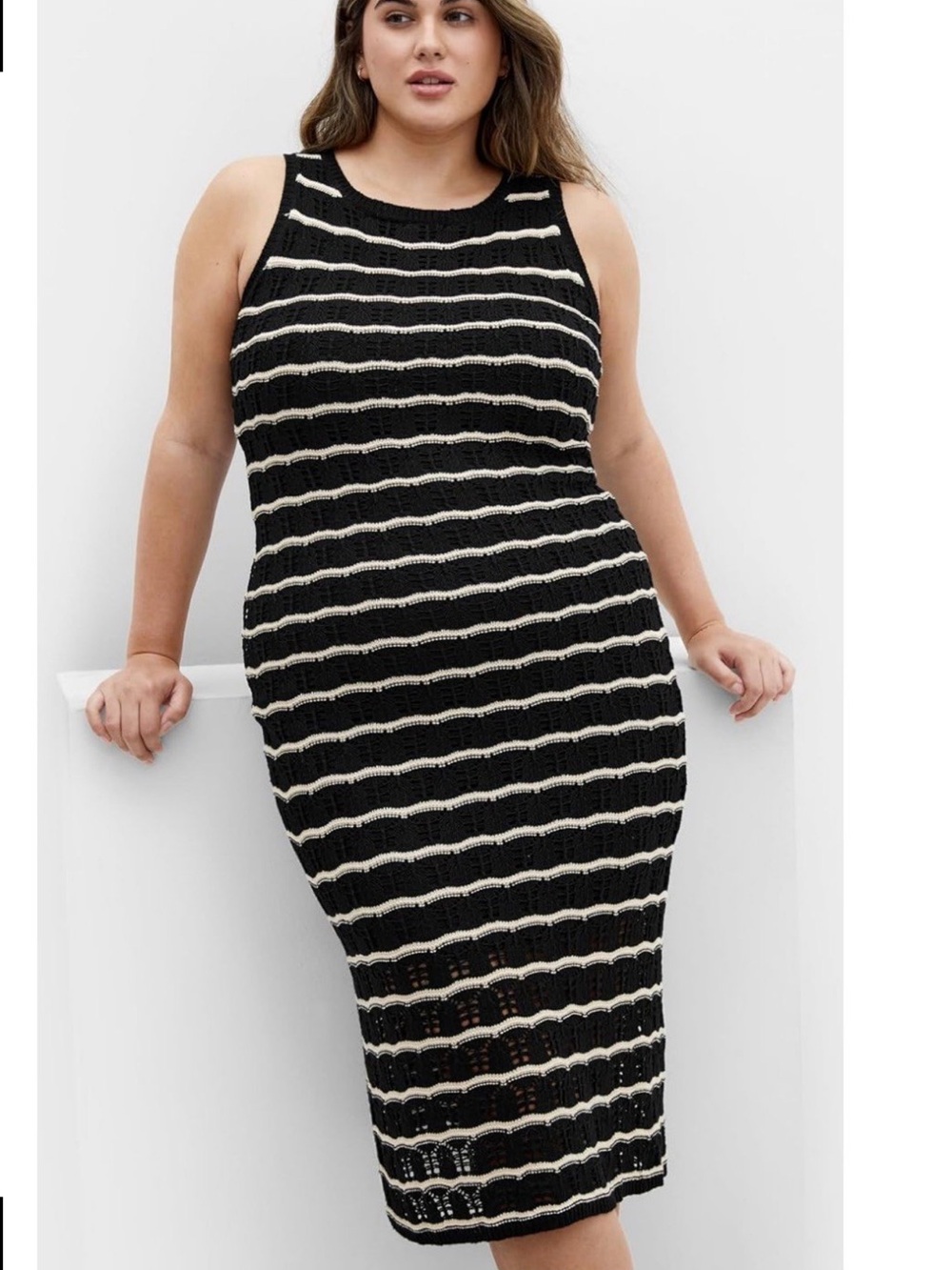 City Chic Black and Cream Striped Knit Midi Dress